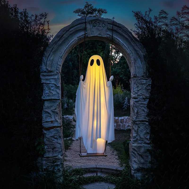 Outdoor Large Hanging Swing Ghost Halloween Decoration With String Lights Ghost Cute Ghost Decoration Front Porch Courtyard Tree W250906 - view 5
