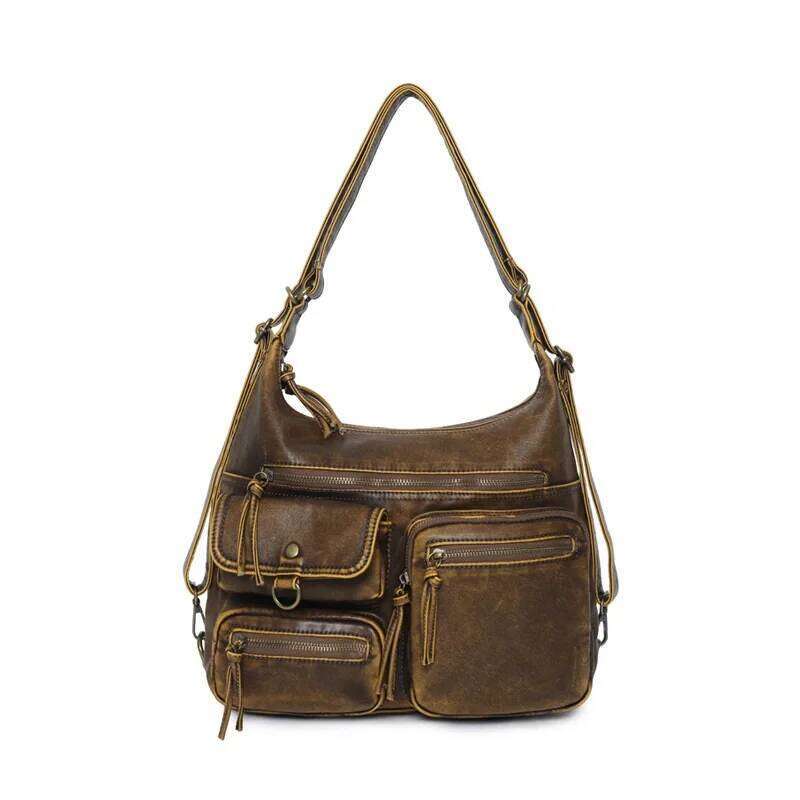 Women's Large PU Shoulder Fashion Top-Handle Vintage Black Dyeing Dumpling Pack Multi-Pockets Crossbody Bag