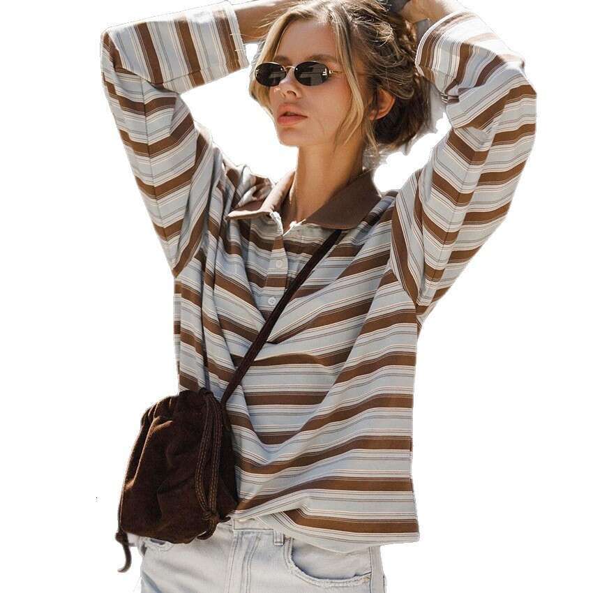 Autumn Winter New Simple Polo Collar Striped Long Sleeve T-Shirt Design Sense Elegant Fashion Commuting B5
