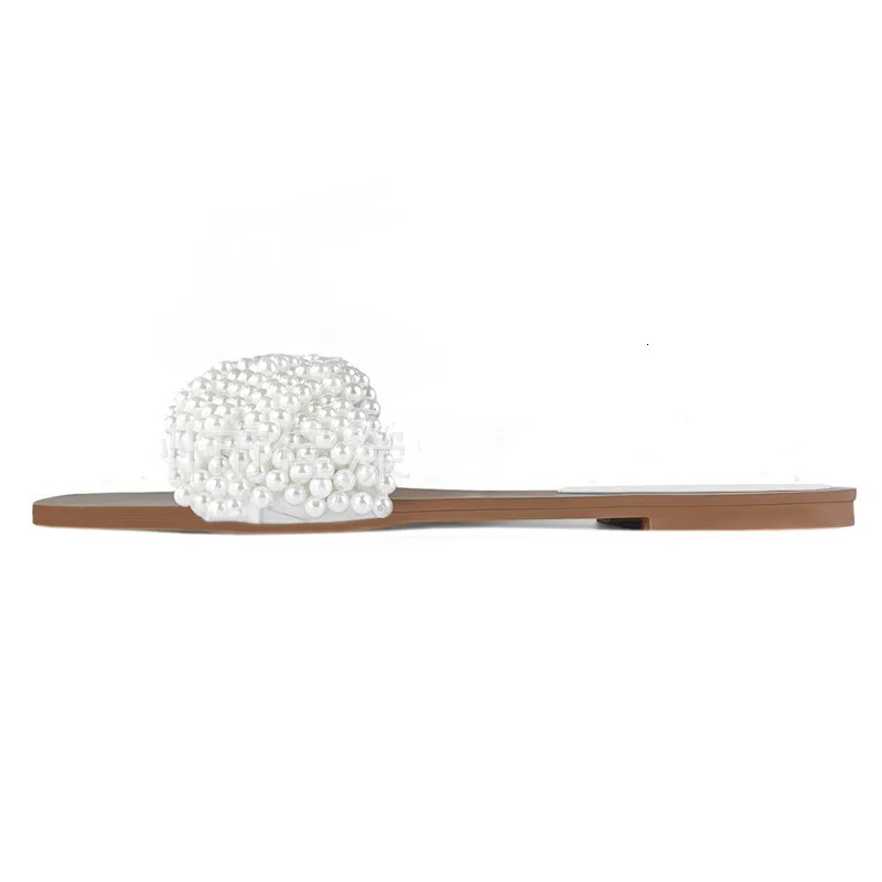 White String Bead Women Slippers Fashion Pearl Weaving er Flat Slippers Summer Comfortable Beach Slide Sandals 250905