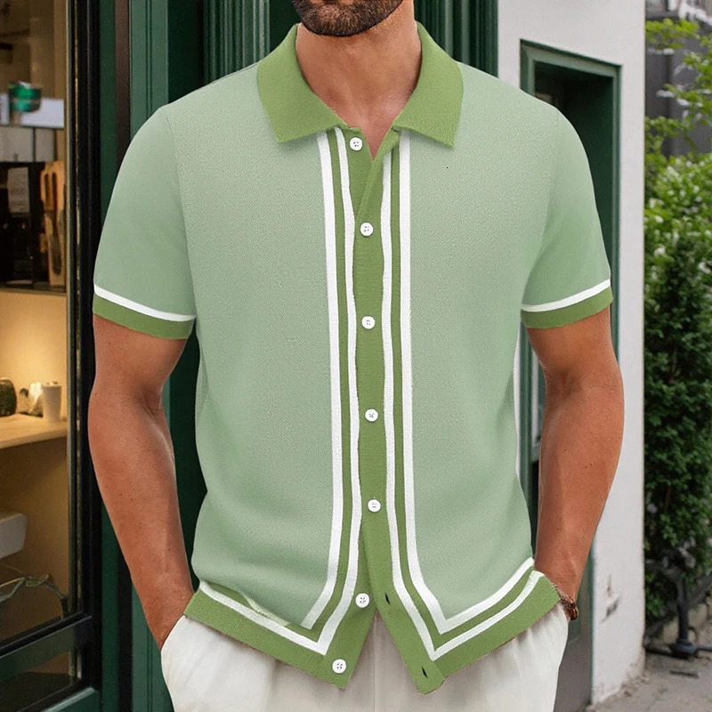 American Retro Men Polo Shirt Summer Fashion Patchwork Knitted Short Sleeve Cardigan Tops Premium Breathable Striped Shirts 250905
