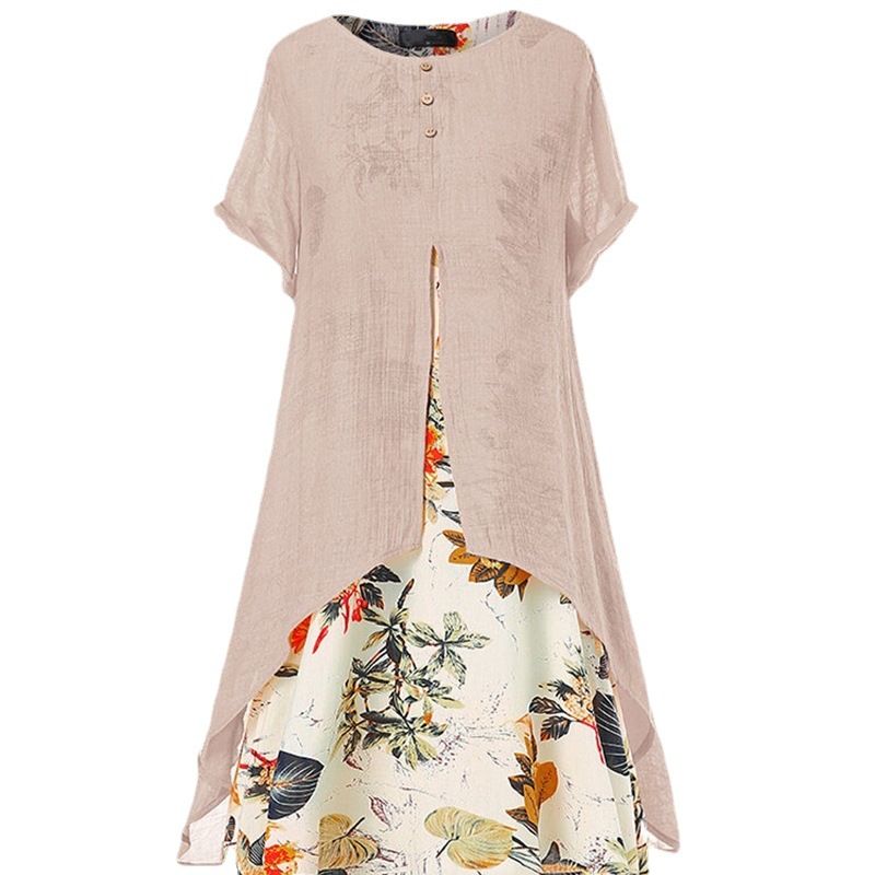 H90Cotton and linen floral maxi dress plus size women's swing dress