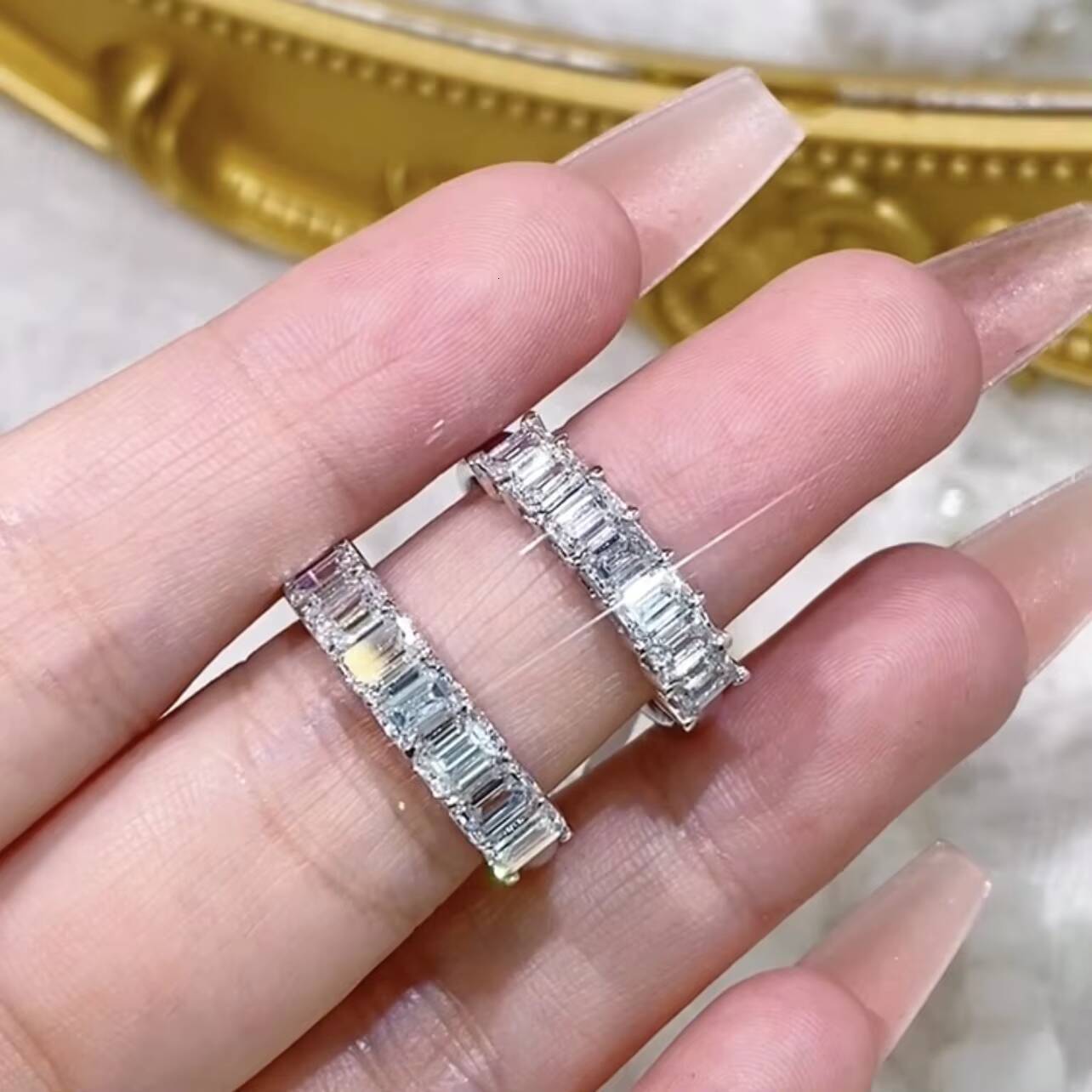 14K White Gold 01CT 02CT Emerald Cut VVS Lab Grown Diamond Ring Band Eternity Ring