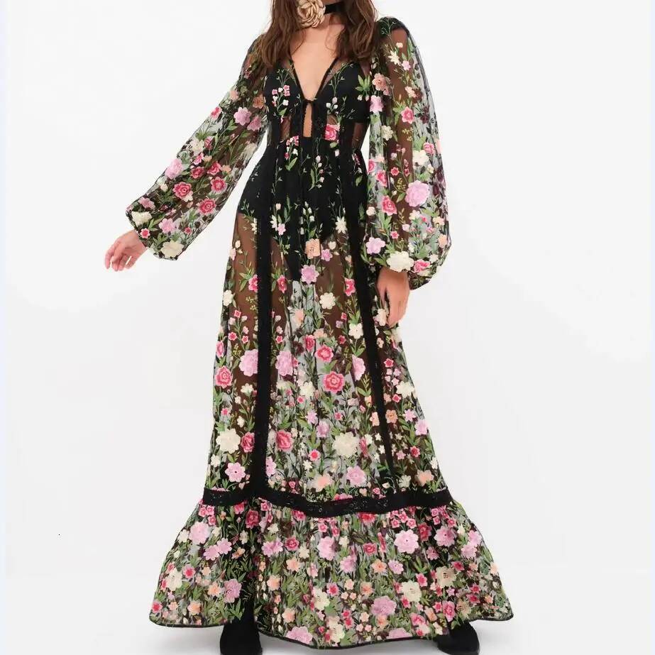 2025 New Women's Sexy Holiday Bikini Covered Beach Flower Embroidered Dress Long Sleeve Dress design Transparent Mesh Designer Dress