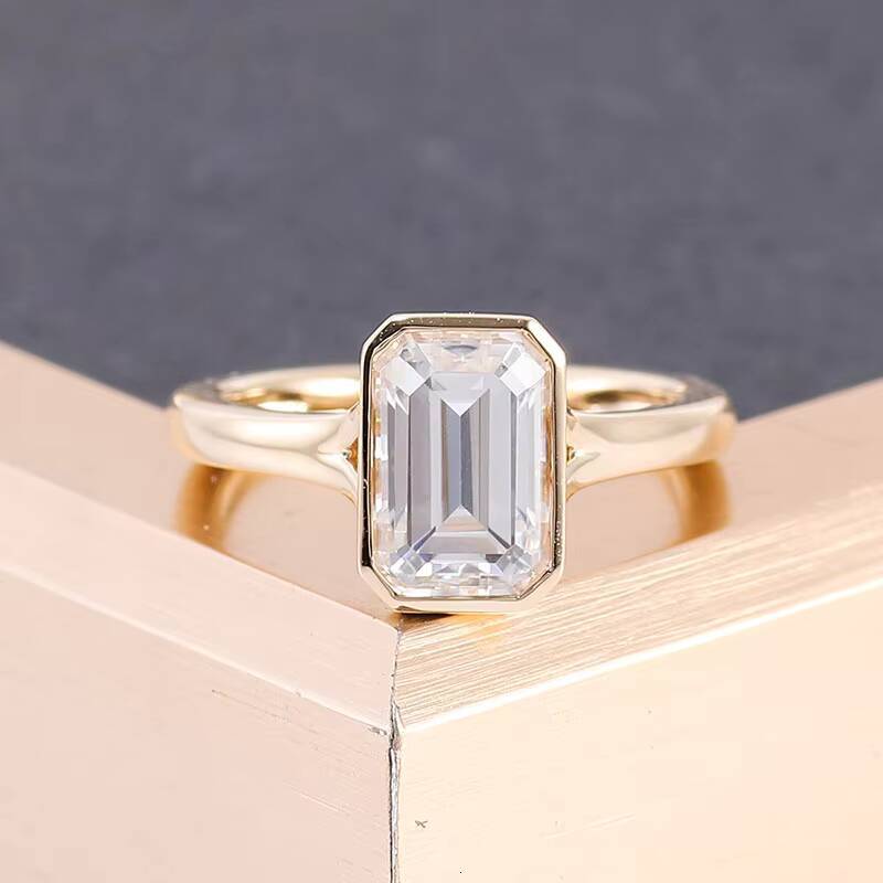 Provence Custom 18k Yellow Gold Bezel Setting 9x6mm DEF Color Emerald Moissanite Diamond Wedding Ring