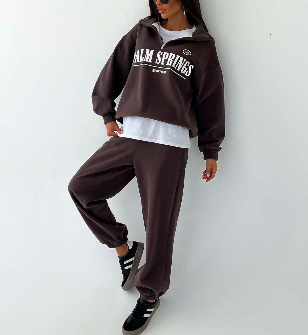 Fashion HotSelling Zipper LongSleeve Sweatshirt for Women Autumn New Loose Casual Letter Print Design TwoPiece Set 201120