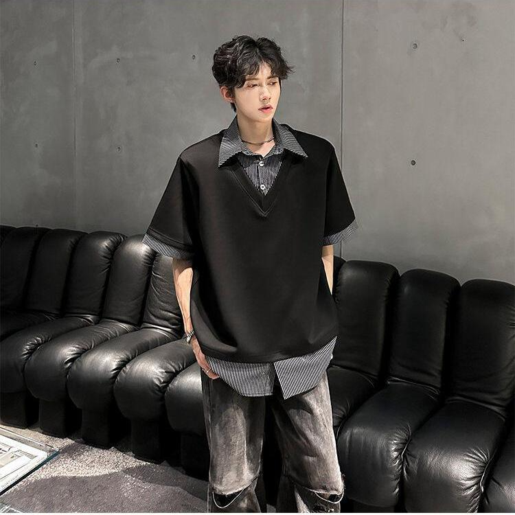 2025 Fake Two-piece Shoulder Pad Short Sleeved Men's Summer Collar T-shirt Niche Design High Street Five Quarter Sleeve Designer T-shirt