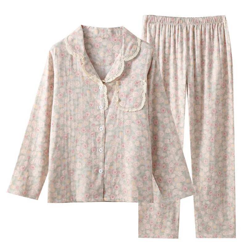 2025 New Women's Long Sleeve Lace Cotton design Pajama Set Spring and Autumn New Style Ink Painting Design Folded Cotton Pajama Sweet Home Design