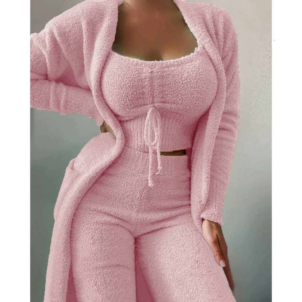 Pajama Woman Winter Fluffy Pajamas Set for Women Casual Solid Sleepwear 3 Pieces Suit Long Pants Homewear Pijama Y250906