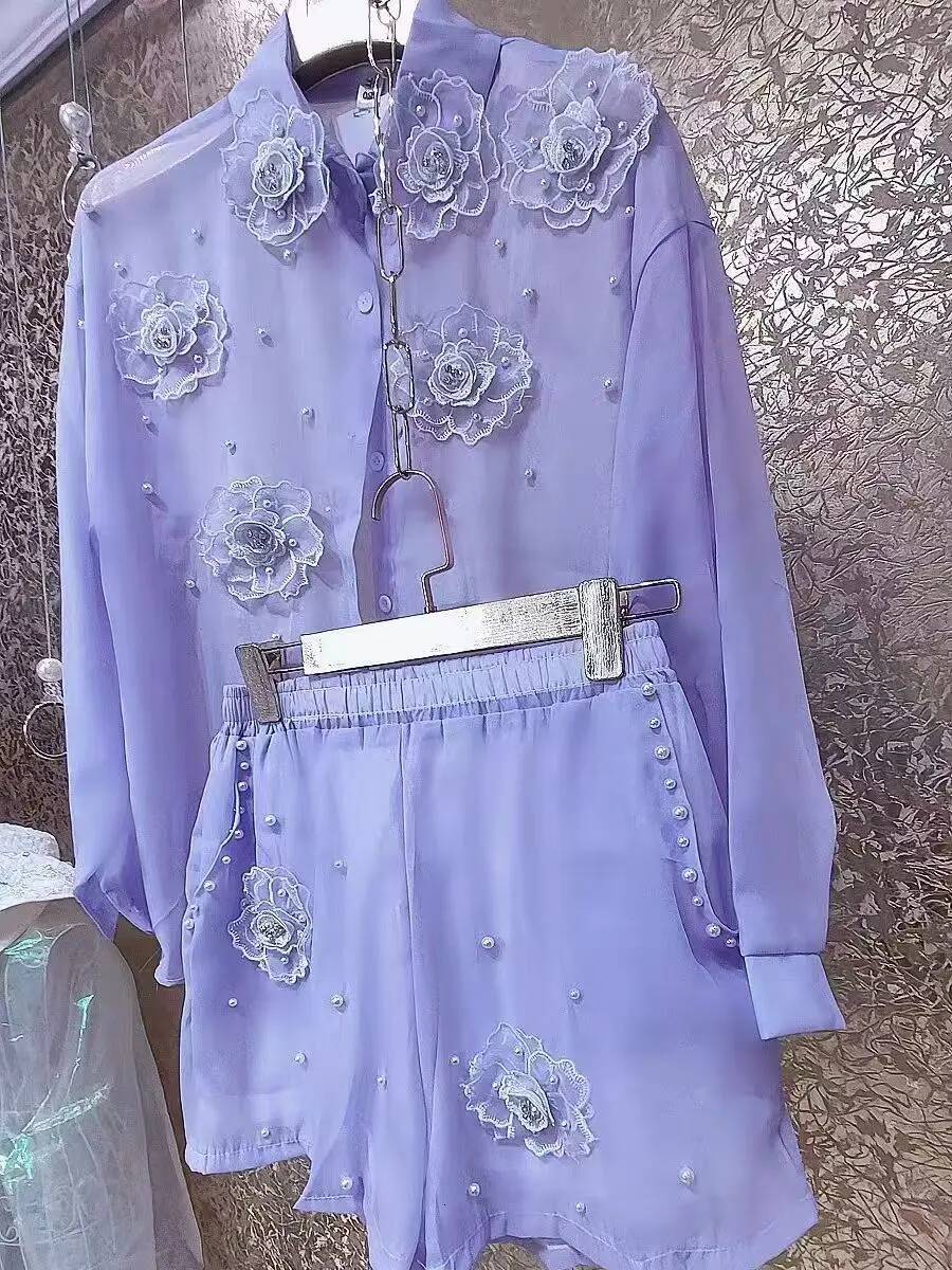 2025 design new bead D-flower sewn women's long sleeved shirt summer thin high waisted shorts two-piece set women's designer outdoor sportsw