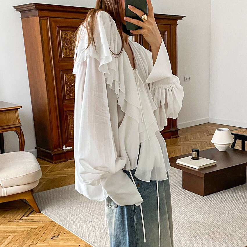 Autumn Winter New Loose V-Neck Ruffle Tie Semi-Transparent Rayon Shirt Design Sense Elegant Fashion B5