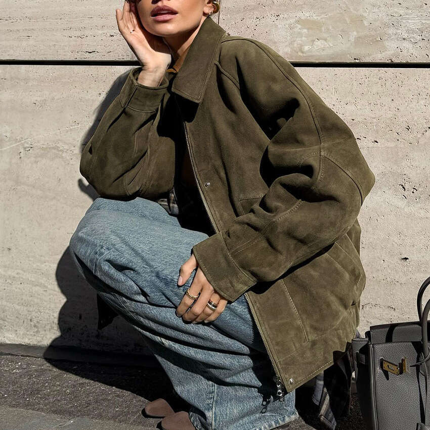 Autumn Winter New Style Lapel Zipper Loose Long Sleeve Jacket For Women With Design Sense, Elegant And Fashionable Commuting B3