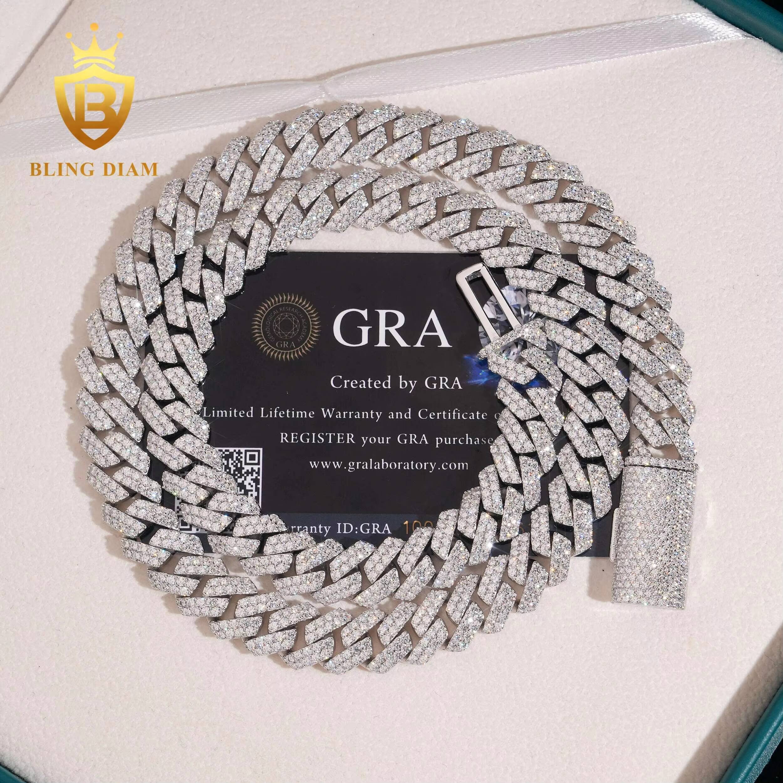 12mm Hip Hop Jewelry 925 Sterling Silver Vvs Moissanite Iced Out Miami Cuban Link Chain Necklace Men