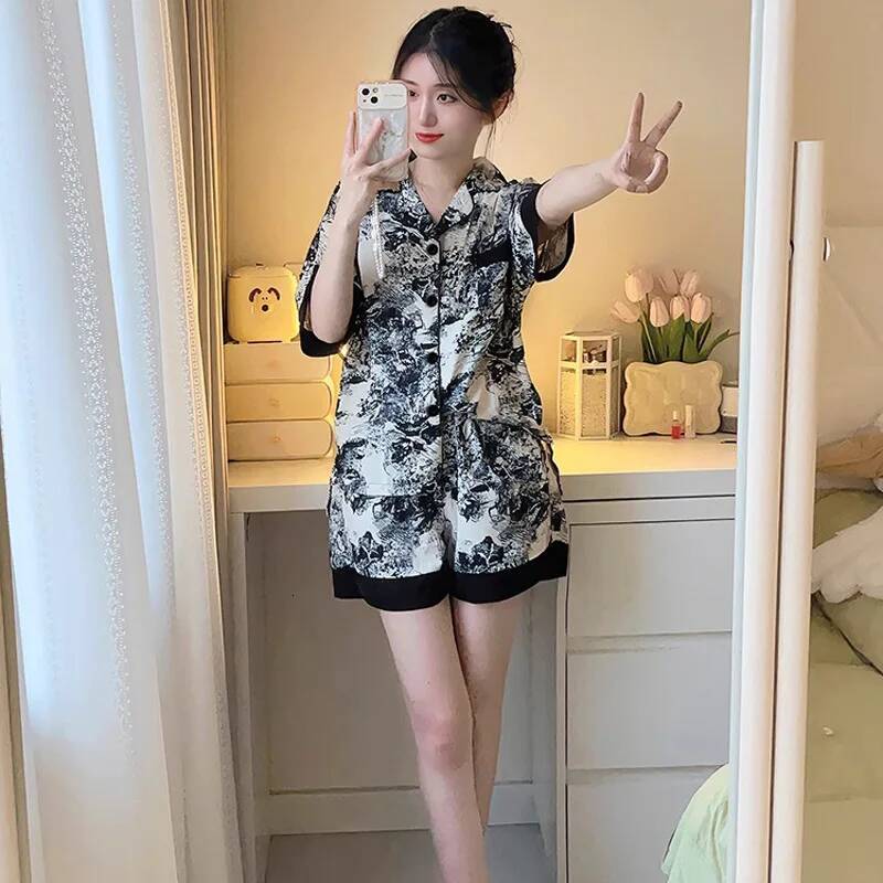 2025 Summer New Women's S Ice Silk Pajama Home Set, Girls' design Short Sleeves, Ink Painting, High End, Lace Edge Designer Home Set