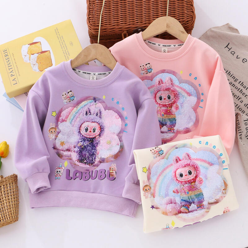 labubu clothe baby girl clothe labubu sequin girl's hoodie children's cotton hoodie round neck pullover top girl cartoon rainbow printed clothes baby clothe girl Swea..