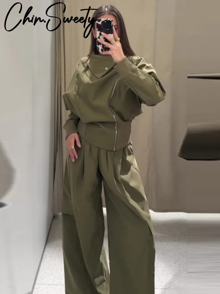 Asymmetric Short Jacket Pants Sets Women Stand Collar Full Sleeve Coat High Waist Wide Leg Pant 2025 Autumn Lady Street Outfits 250906