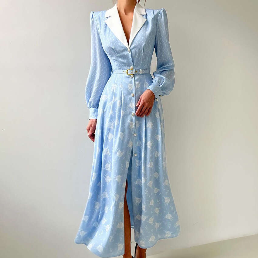 Autumn Winter New French Style Printed Color-Block Lantern Sleeve Slim Dress For Women With Design Sense And Fashionable Temperament B3