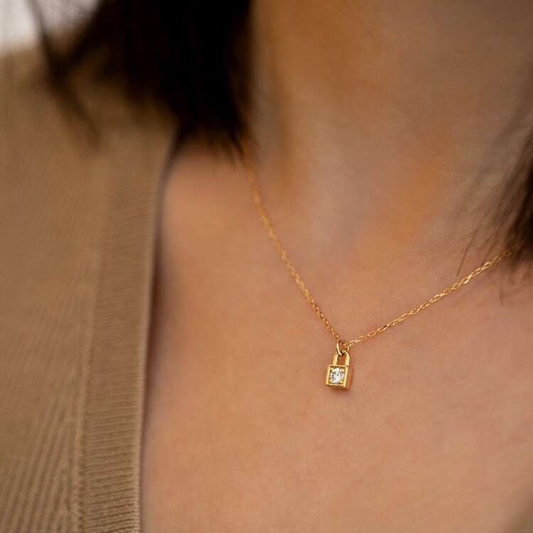 DH collections S925 Sterling Silver 18K Gold - Plated Lock - shaped Zircon Pendant Necklace
