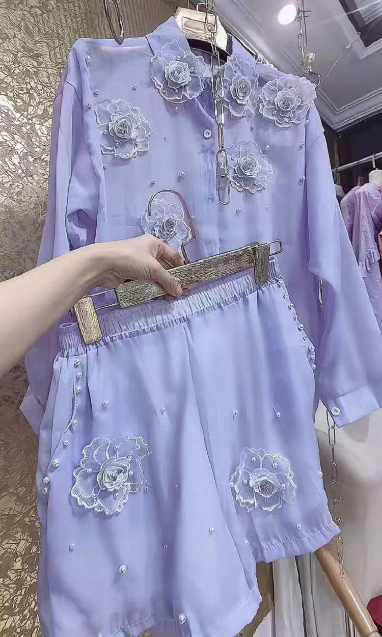 2025 design new bead D-flower sewn women's long sleeved shirt summer thin high waisted shorts two-piece set women's designer outdoor sportsw