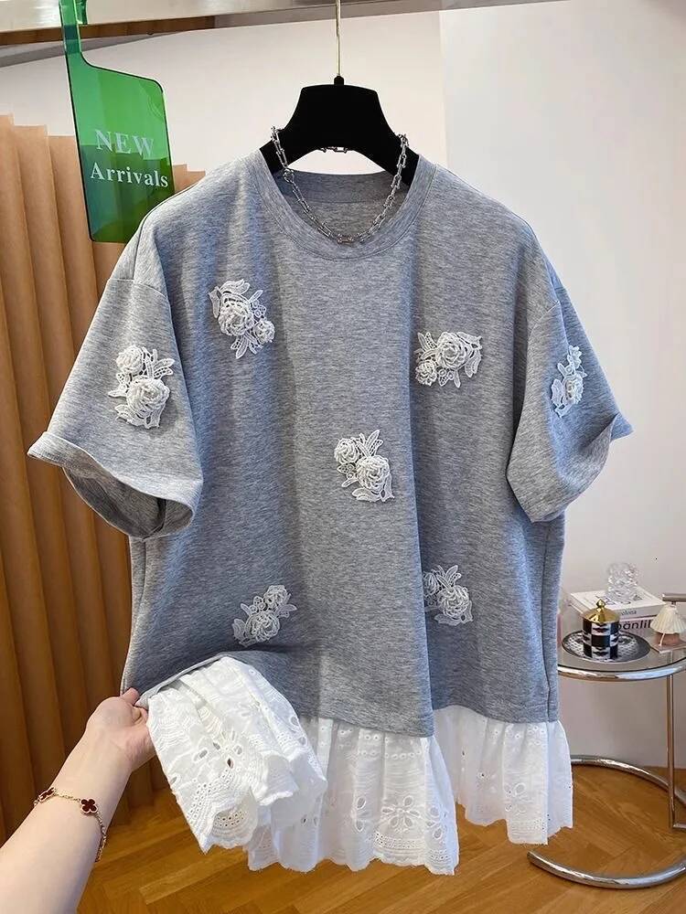 2025 new plus size design Pou design bead Ort Sve T Irt women's summer loose fit lace designer patchwork Korean style sled top