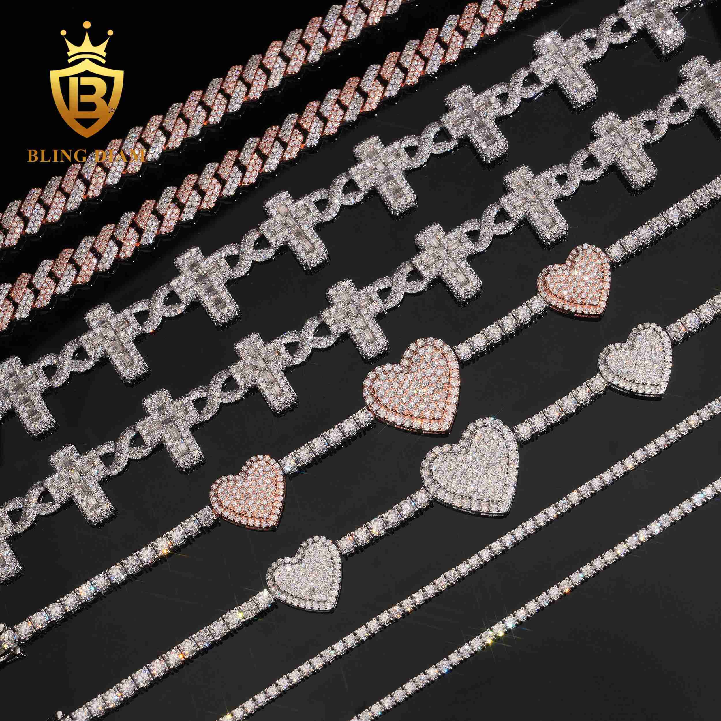 Hot Sale Fashion Fine Jewelry HipHop Style Iced Out Jewelry Moissanite Tennis Chain Moissanite Bracelet 925 Silver Tennis Chain