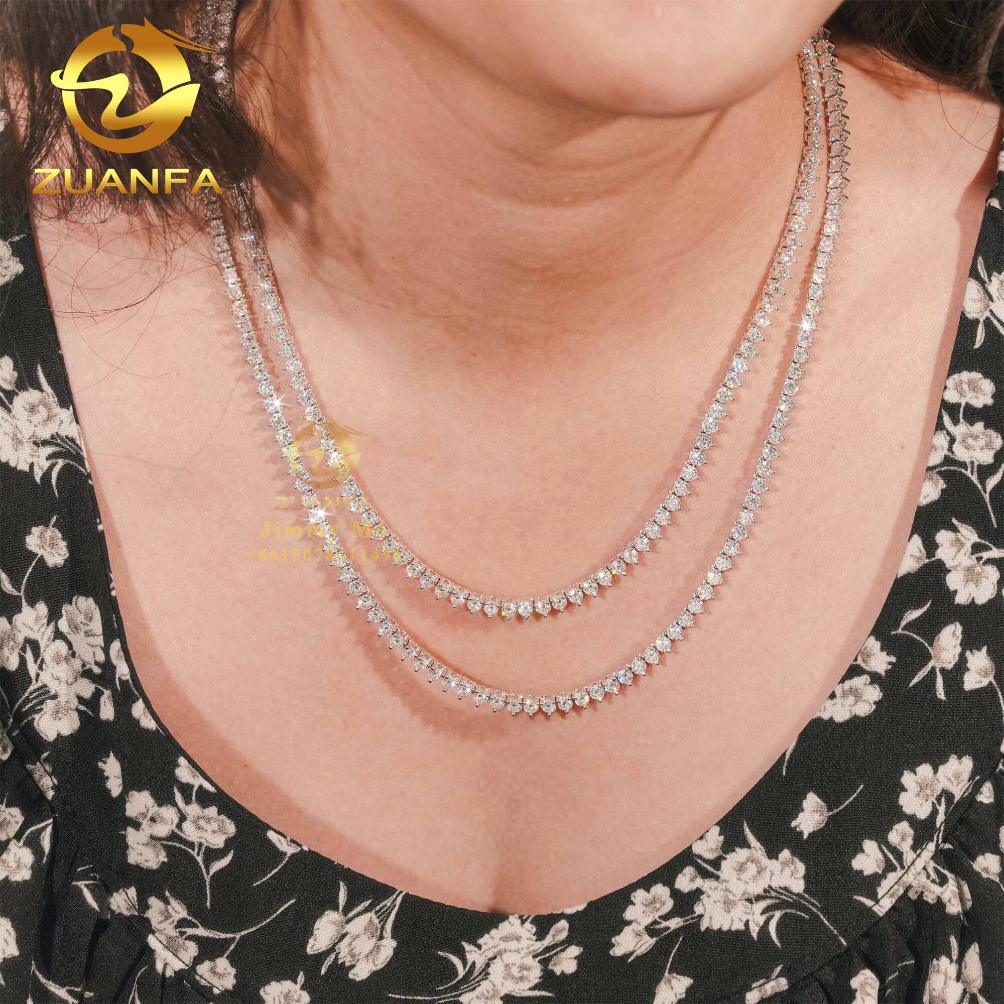 Stock Elegant Style Female 3 Claws Prong Setting 925 Sterling Silver Hip Hop Jewelry Moissanite VVS Diamond Cluster Tennis Chain