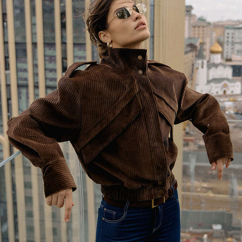 Winter New Motorcycle Style Brown Jacket For Women, Stylish And Casual Corduroy Coat, Commuting B3