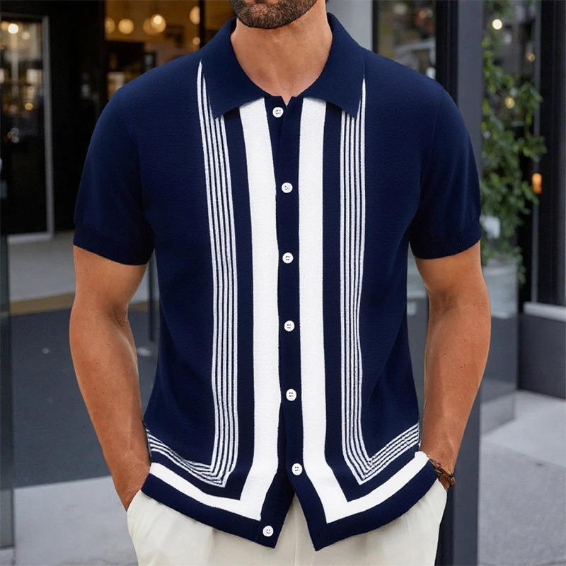 American Retro Men Polo Shirt Summer Fashion Patchwork Knitted Short Sleeve Cardigan Tops Premium Breathable Striped Shirts 250905