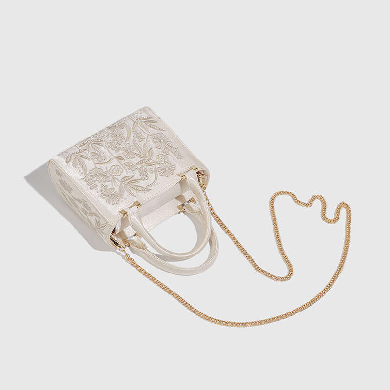 2025 Autumn New Women's with Artificial Pearl Decoration Chain Handbag Silk Satin Hard Texture Bag