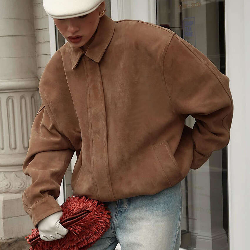 Autumn Winter New American Style Turn-Down Collar Suede Jacket With Design Sense, Elegant And Fashionable For Commuting B5