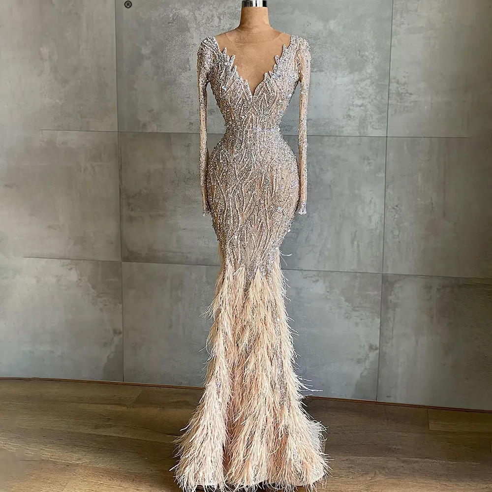 Sexy Mermaid Evening Dresses V Neck Beading Feathers Prom Dresses Lace Long Sleeves Celebrity Women Formal Party Pageant Gowns
