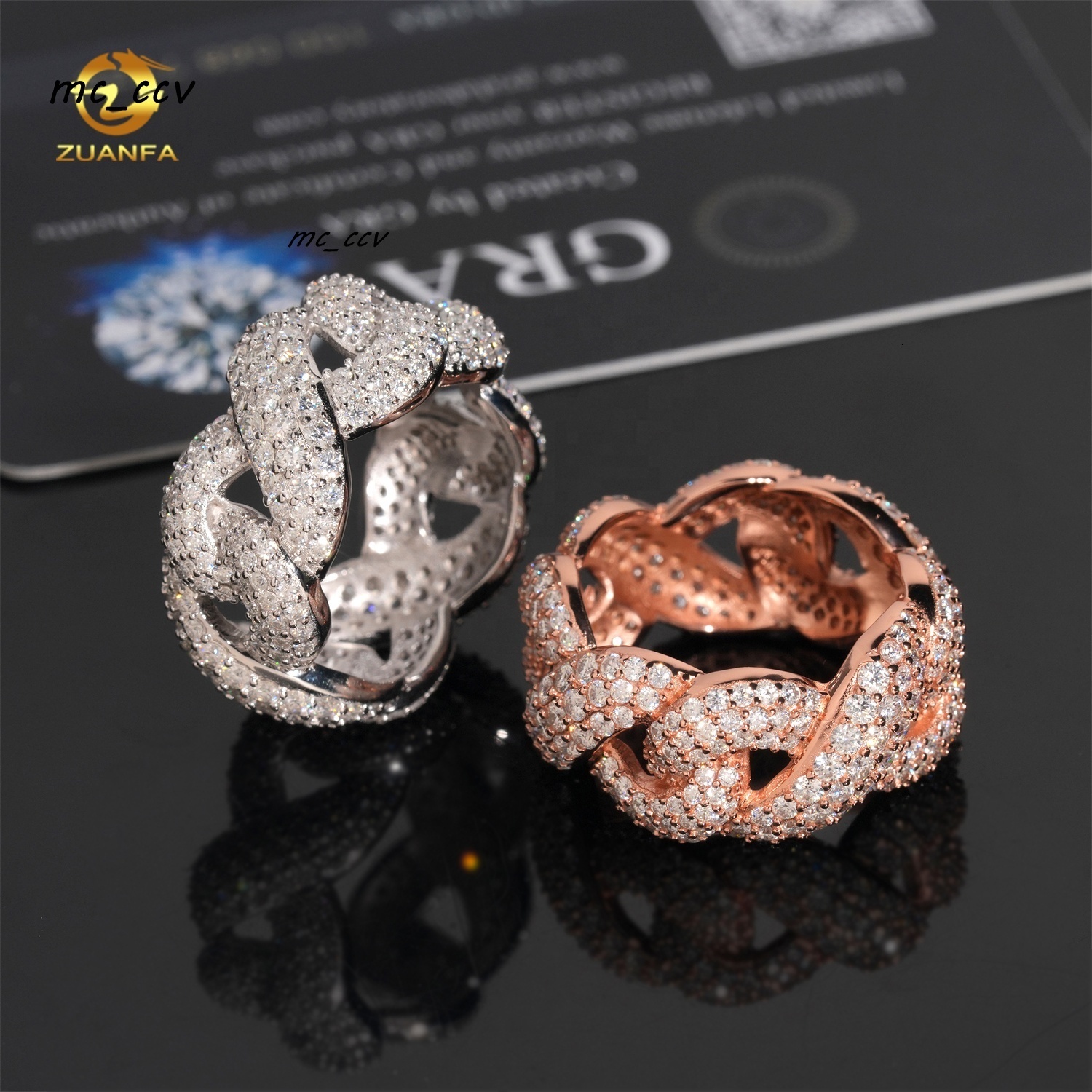 Hip Hop Jewelry Fully Iced Out 925 Silver Rose Gold Cuban Rings Eternity Mens Custom Moissanite Ring