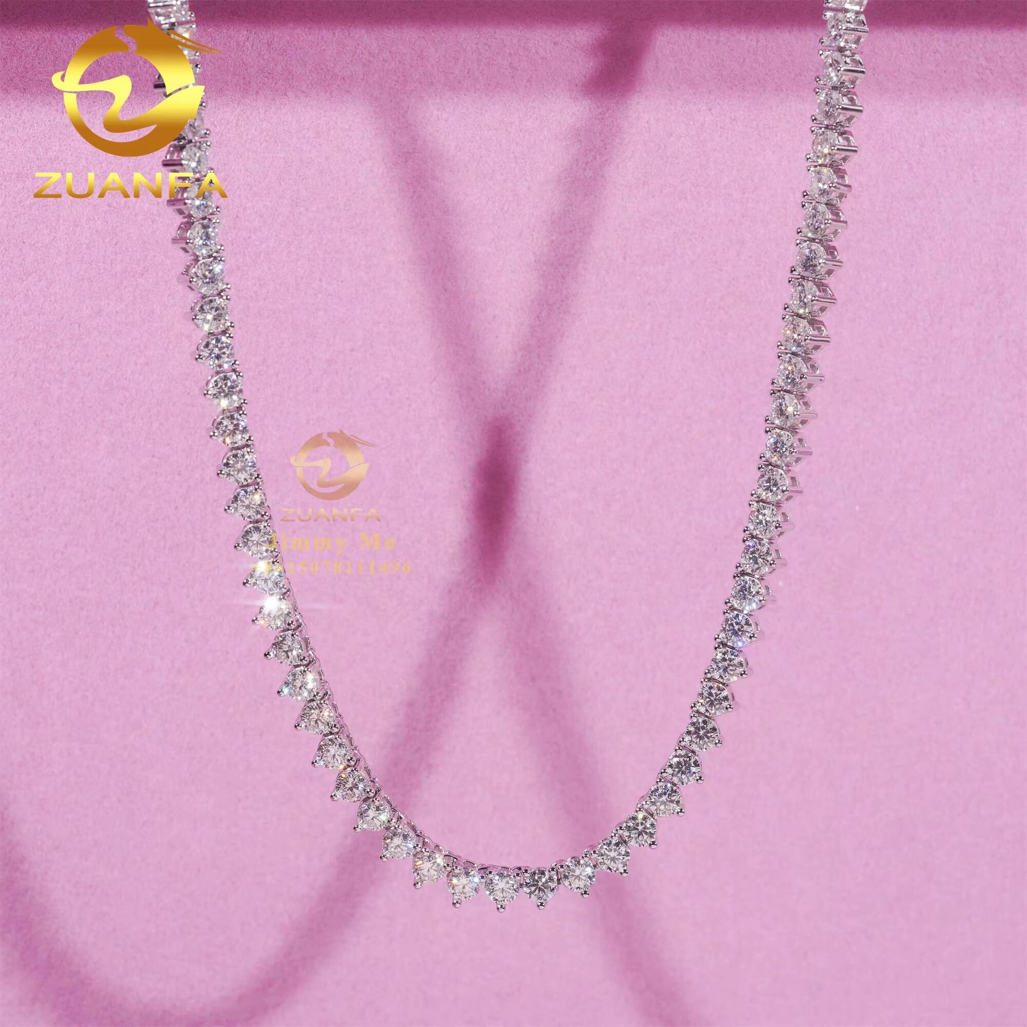 Stock Elegant Style Female 3 Claws Prong Setting 925 Sterling Silver Hip Hop Jewelry Moissanite VVS Diamond Cluster Tennis Chain