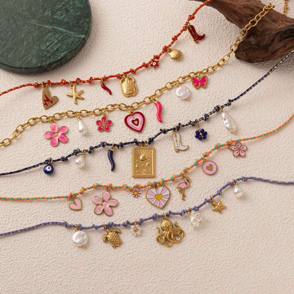 DHpet Personalized Knotted Rope Chain Lotus Feather Pendant Vacuum Electroplating Color Retention Fashion Ins Necklace