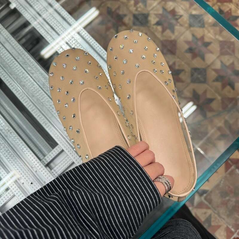 Niche Fashion Round Toe Designer Shoe Rhinestone Mary Jane Shoes for Women, Mesh Hollow Breathable Flat Comfortable Ballet Flats