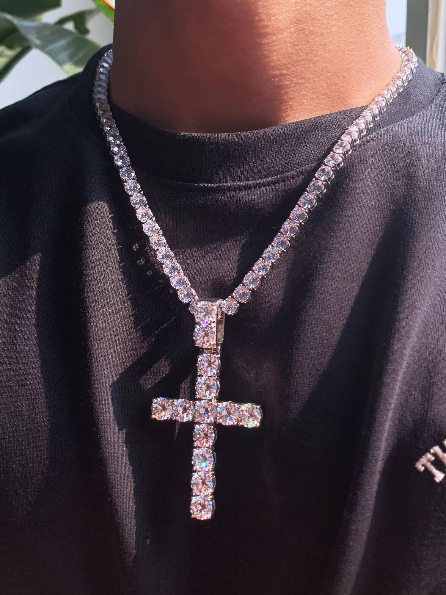 68mm 925 Sterling Silver Tennis Big Cross Necklace Moissanite Pendants and Chain for Men