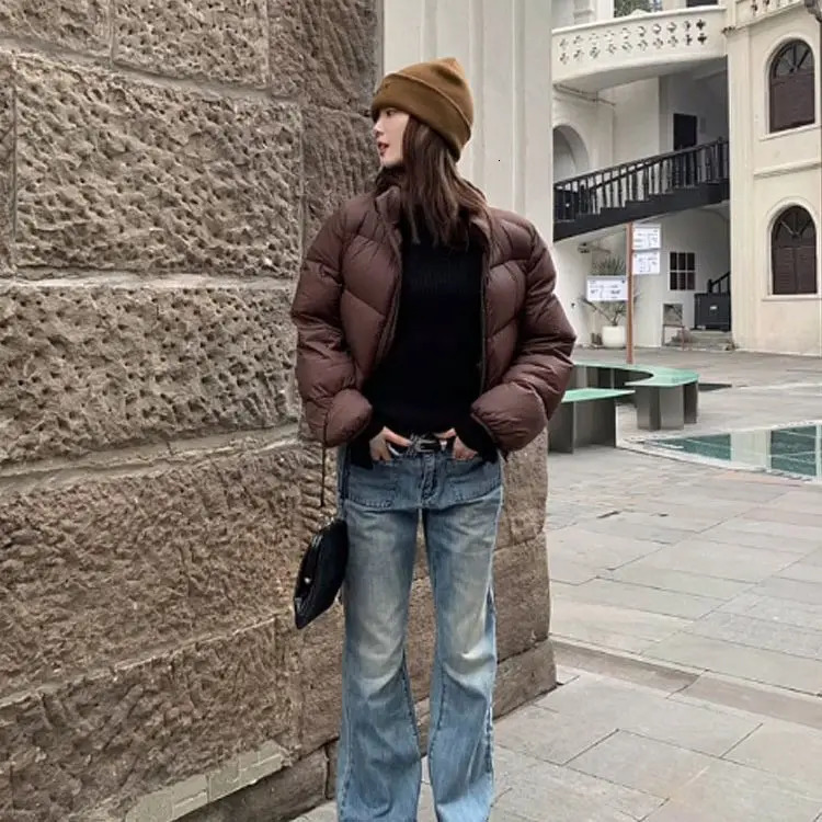 Womens Winter Solid Color Stand Collar Short Cottonpadded Jacket Korean Version Loose Casual High Waist Bread Served 250905