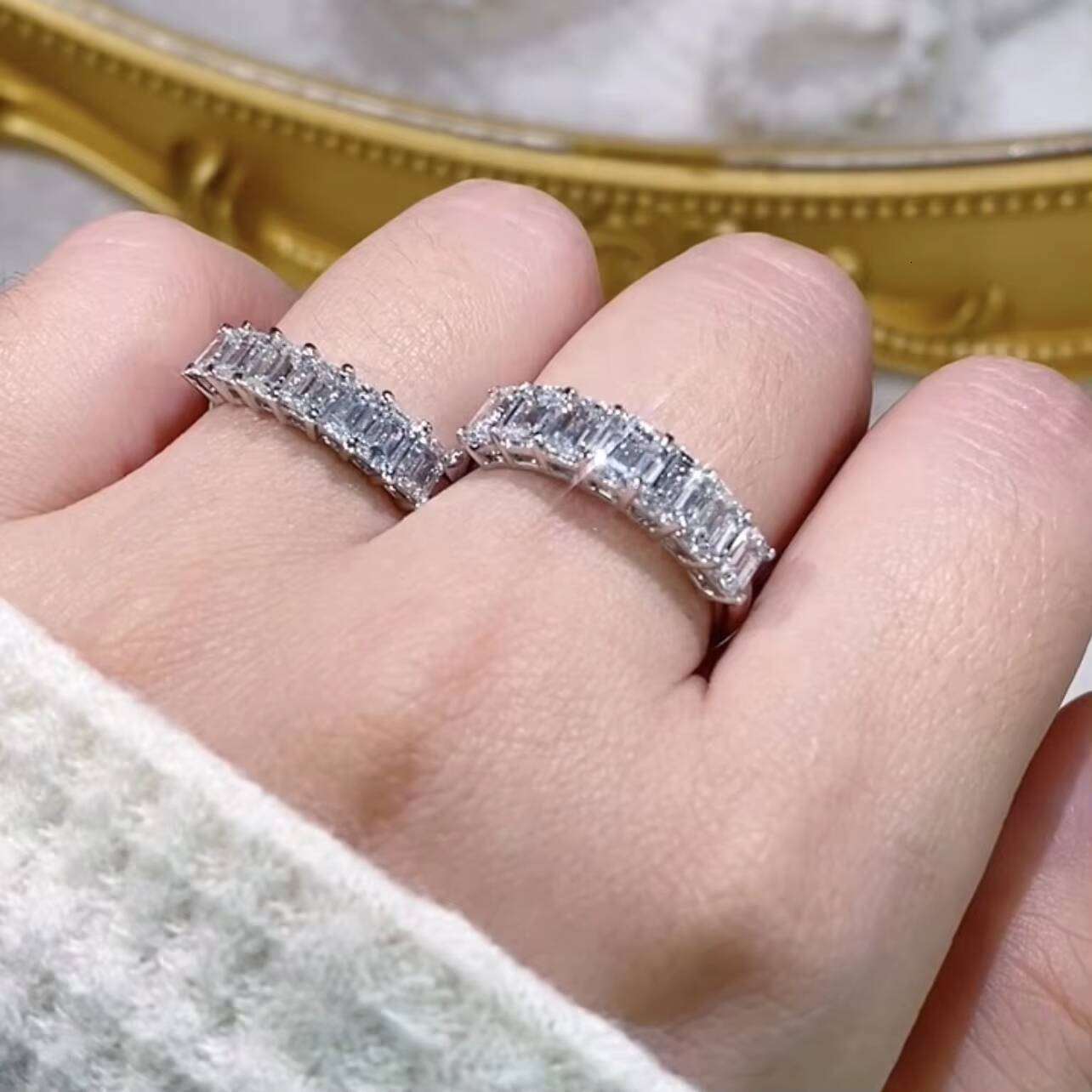 14K White Gold 01CT 02CT Emerald Cut VVS Lab Grown Diamond Ring Band Eternity Ring