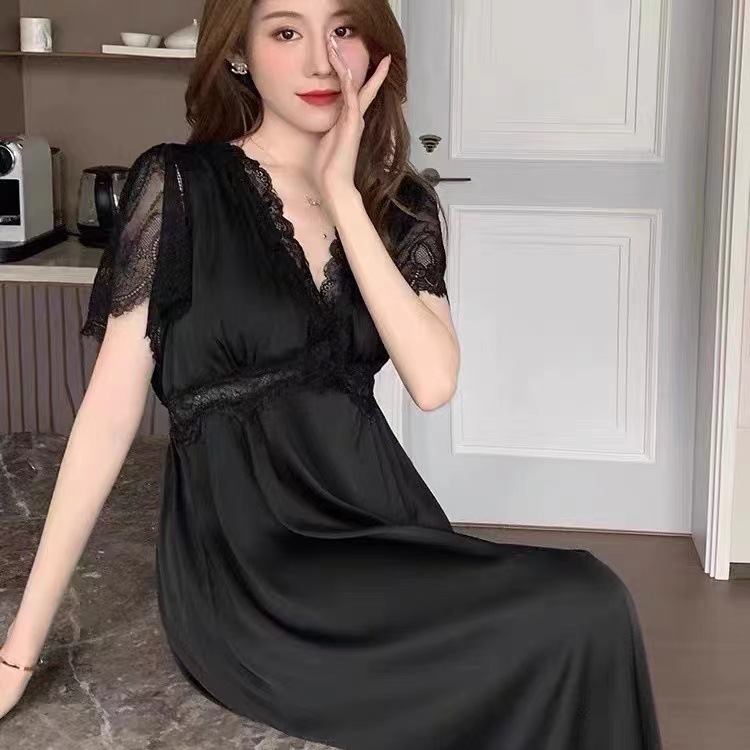 T23027 Home dress long dress women's lace sexy with chest pad ice silk nightdress ladies
