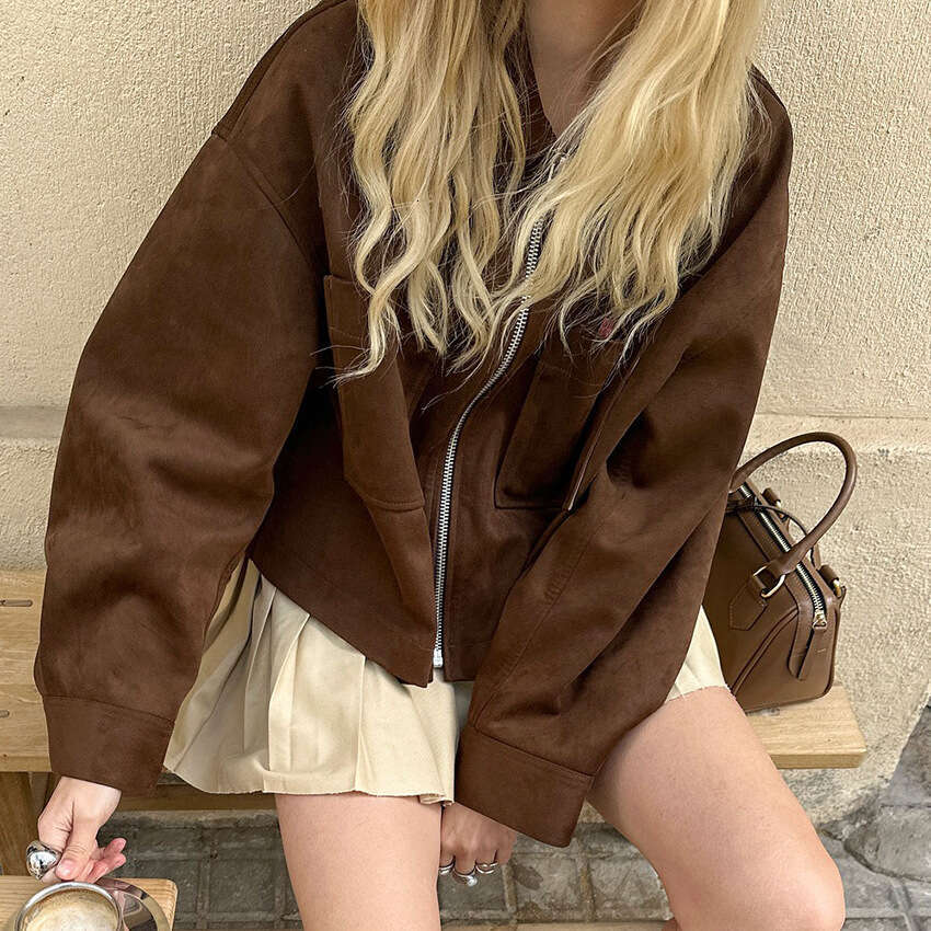 Autumn Winter New Style Turn-Down Collar Zipper Suede Brown Jacket Coat Design Sense Elegant Fashion Commuting B3