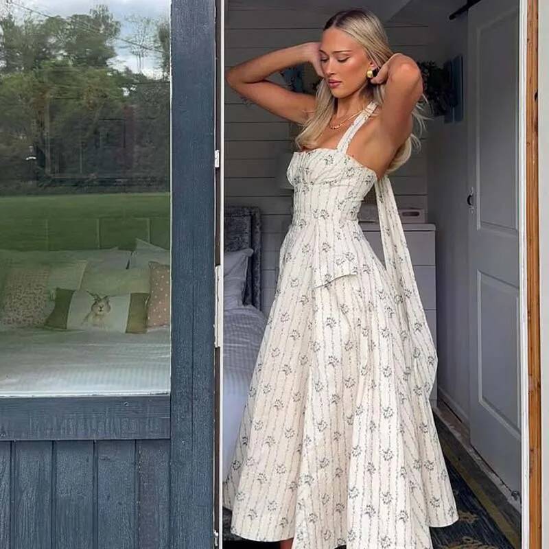 2025 New Elegant Strap A-line Midi Long design Printed Dress for Women's Cotton Festival Sexy Bareback Dress, Party Robe Designer Clothing