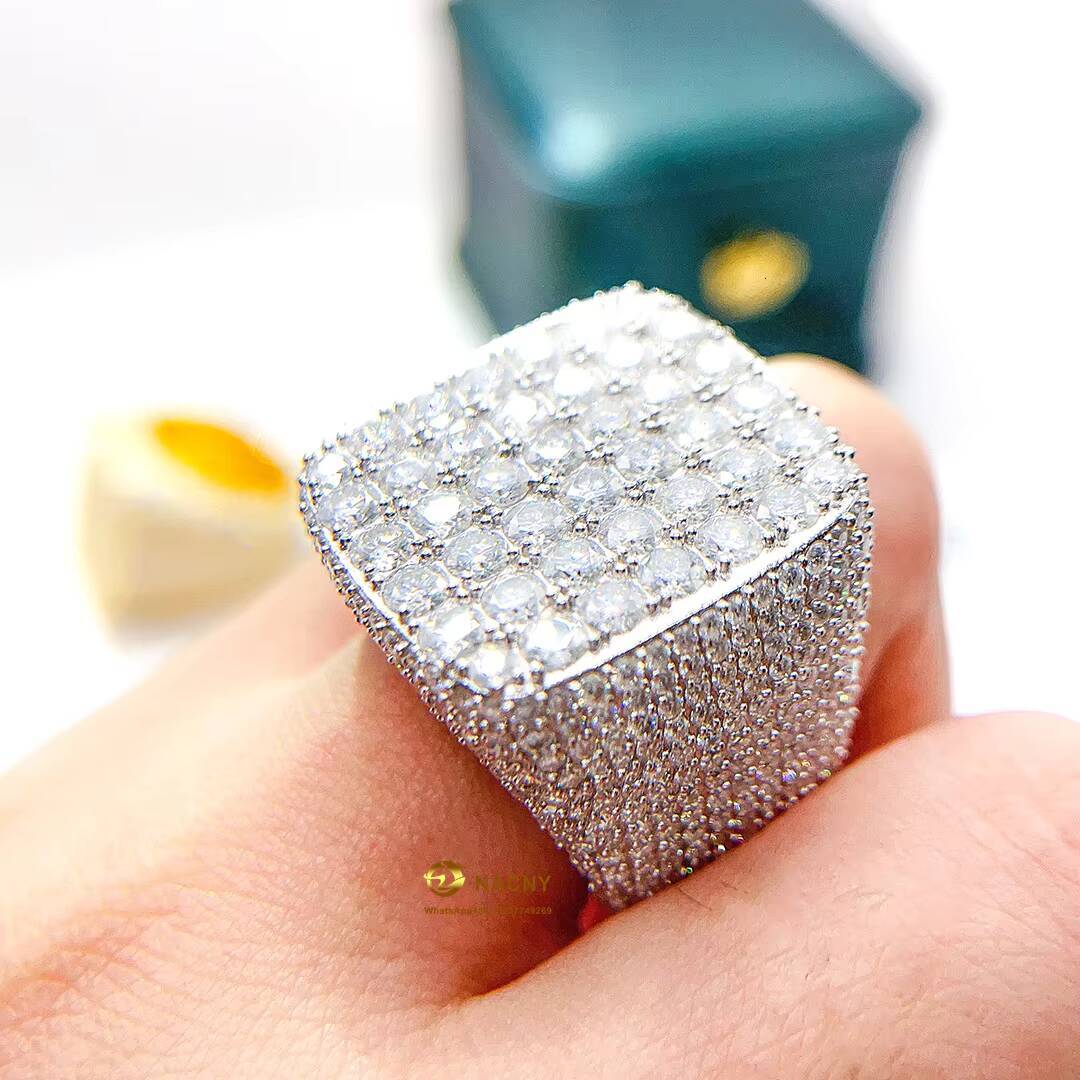 Hip Hop Full Moissanite Square Shape Ring Fashion Jewelry Pass Tester Iced Out 925 Sterling Silver Ring