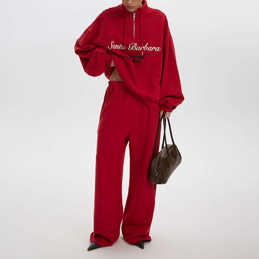 Autumn Winter New Loose Simple Zipper Printed Sweatshirt Wide-Leg Pants Set Design Sense Elegant Casual B3