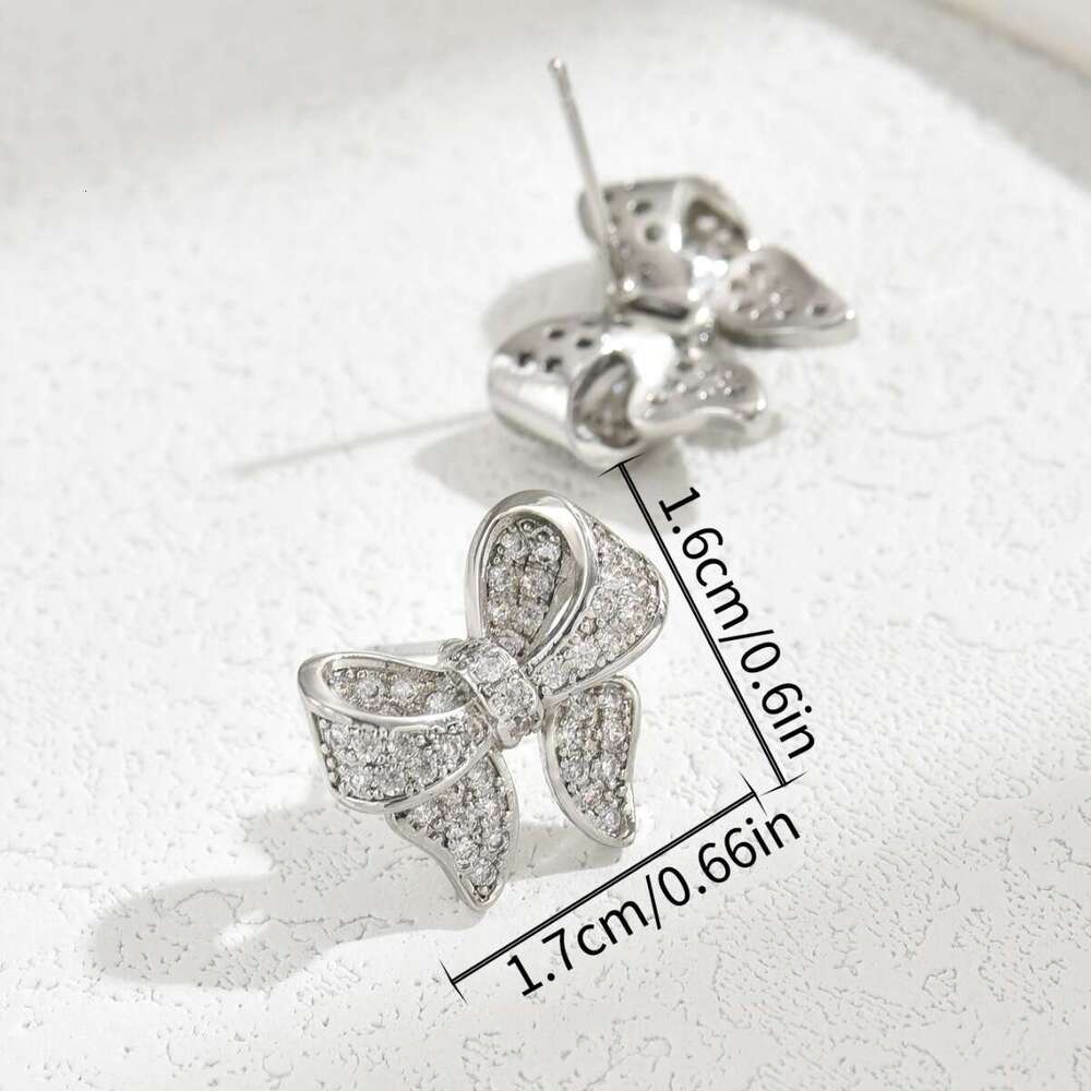 DH collections:Niche Korean Style Sweet Fresh for Women Simple Inlaid Zircon Bowknot Design Stud Earrings Elegant Ear Jewelry