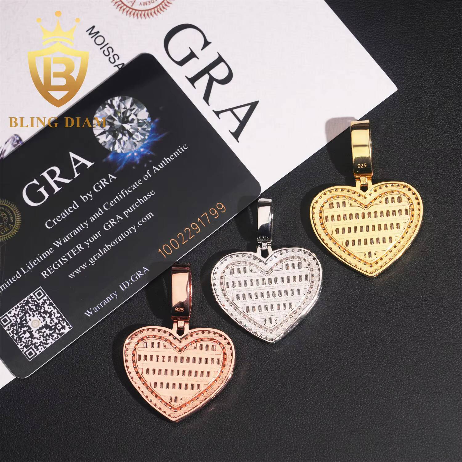 Iced Out Baguette Cut Heart Charm Pendant 925 Silver Moissanite Hip Hop Jewelry Pendant Pass Diamond Tester