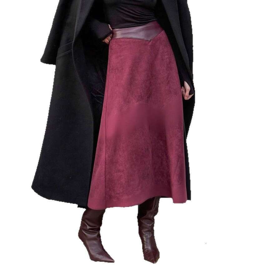 Autumn Winter New A-Line Long For Women With Design Sense And Elegant Suede Leather Skirt B5