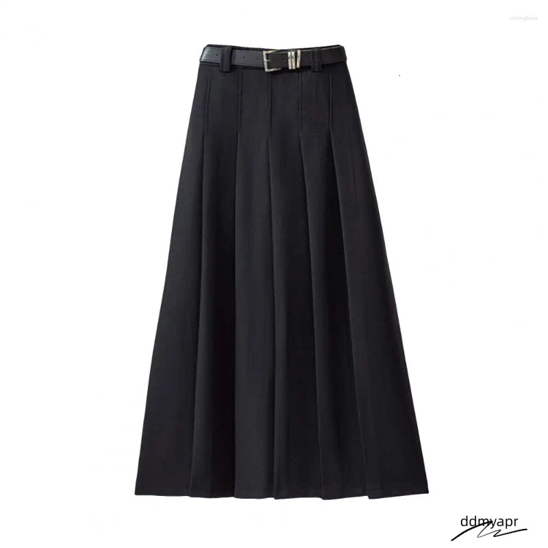 Ddmydec Skirts Women Maxi Skirt High Waist Pleated Ankle Length With Belt Solid Color A-Line Long For Office Women's Clothing