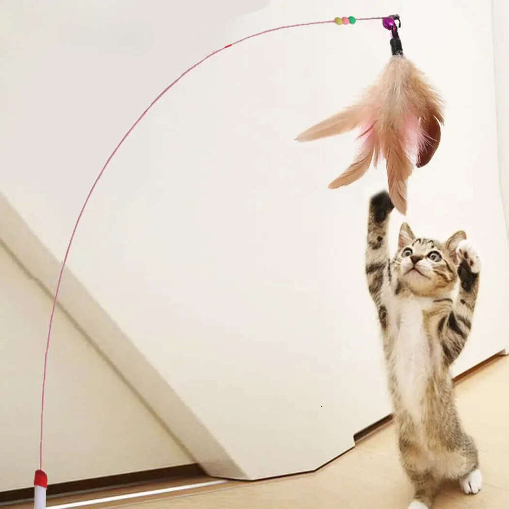 1pc Stick Feather Wand With Bell Mouse Cage Toys Plastic Artificial Colorful Cat Teaser Toy Pet Supplies Random Color Free shipping