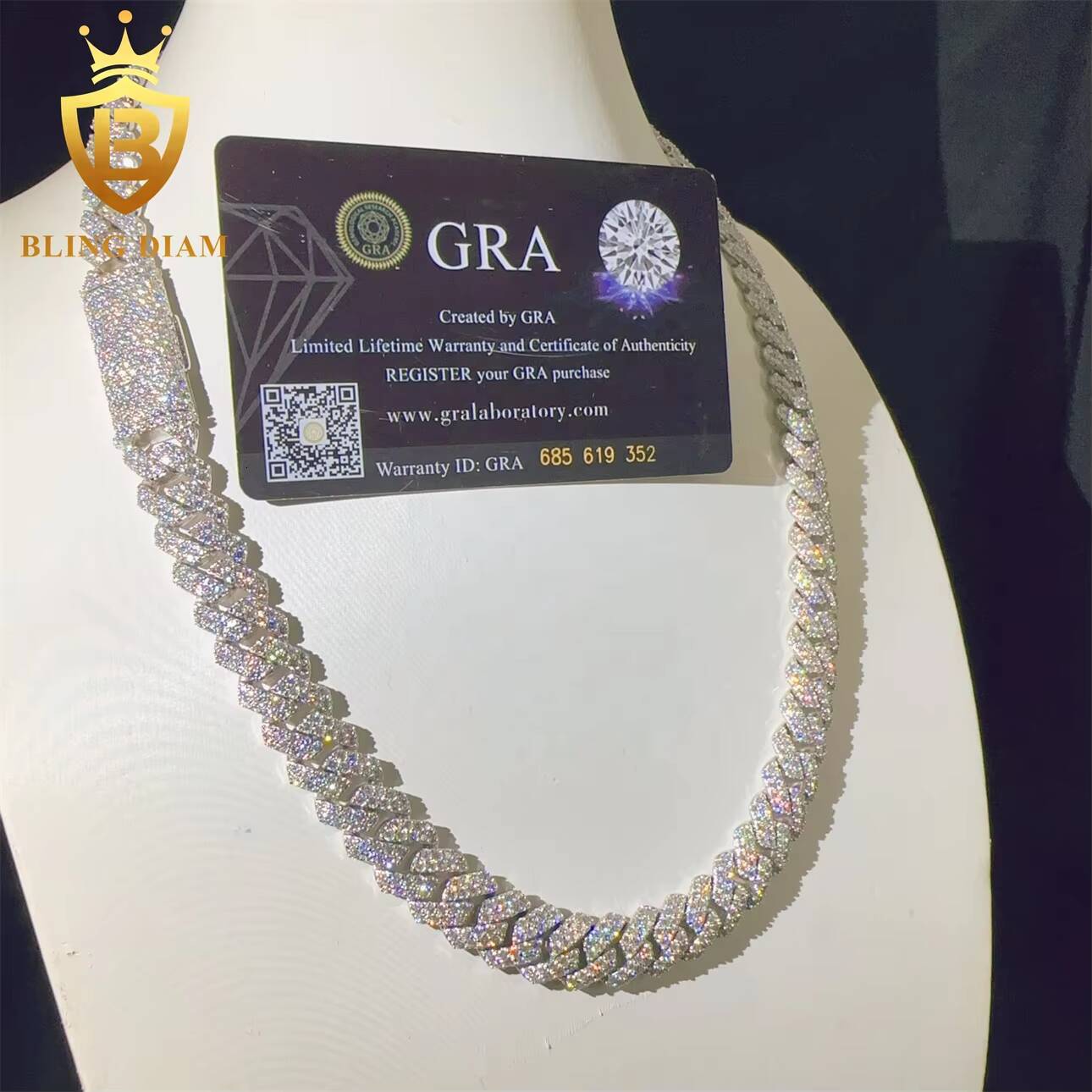 VVS Moissanite Diamond 12mm Luxury Fashion Hip Hop Fine Jewelry Iced Out GRA Certificated Necklace Miami Cuban Link Chain