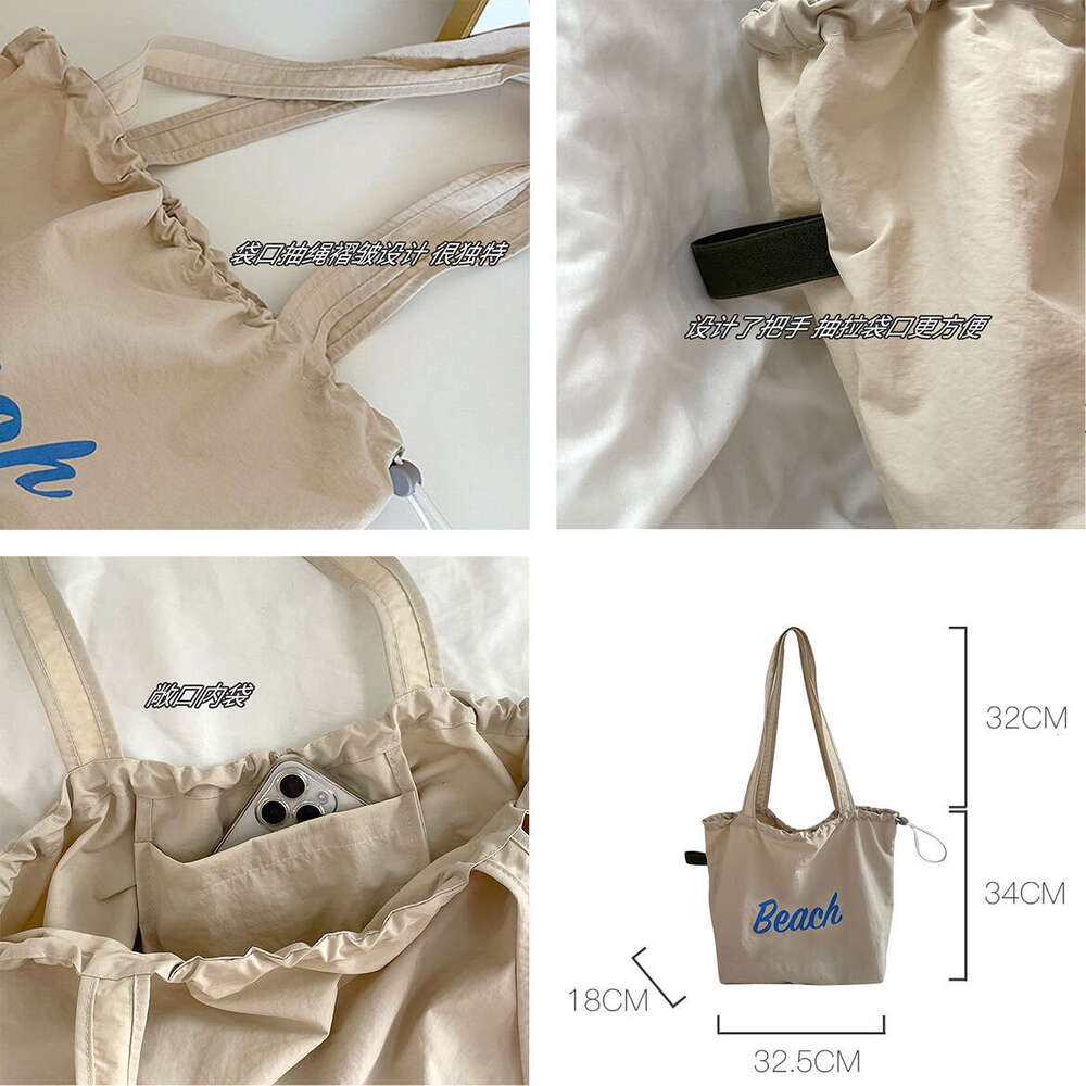 Korean Style New Letter Print for Women Large Capacity Nylon Shoulder Casual Versatile Portable Drawstring Tote Bag